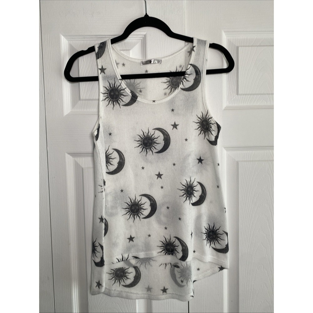 Blue Planet Celestial Sun Moon Tank Top Womens Size S White Waffle Knit Y2K Boho